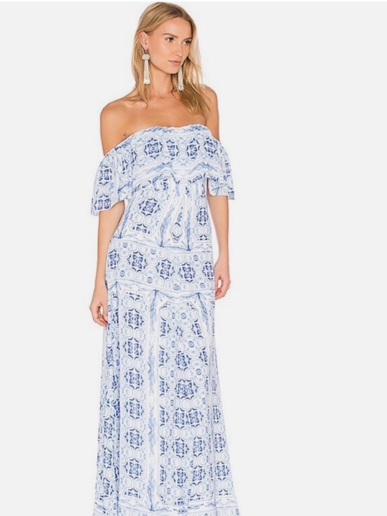 Amanda Uprichard Off The Shoulder Deliliah Maxi In Santorini Print Nwt